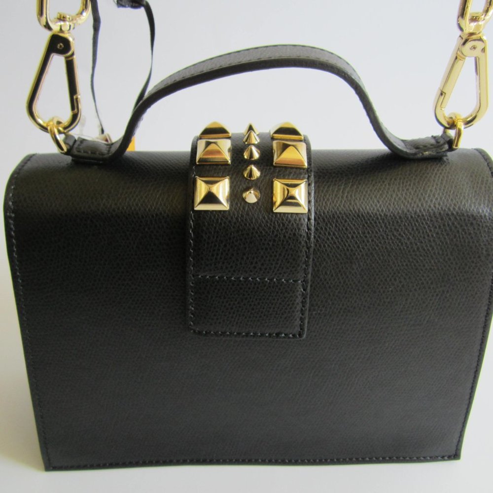 Valentino By Mario Valentino Black Leather Gold Studded Top Handle Cross… - Picture 3 of 12